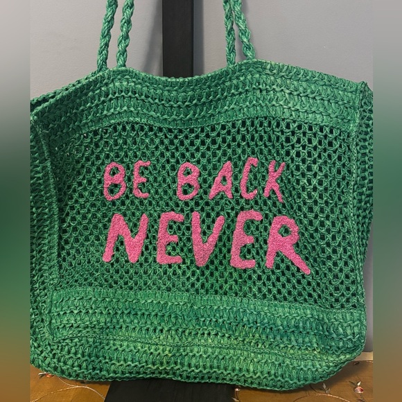 Pink & Green “Be Back Never” Raffia Tote - Picture 3 of 8